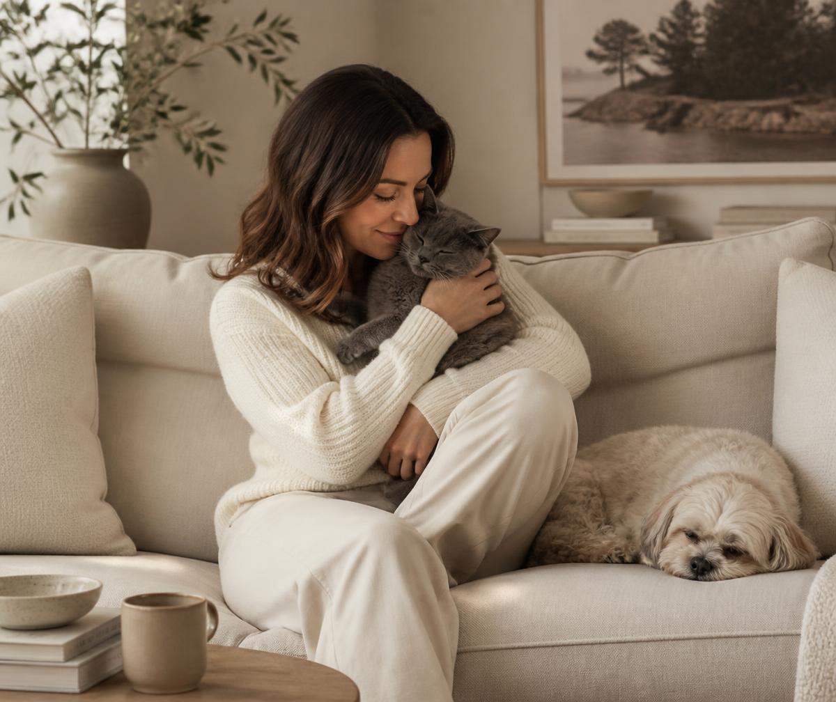 A pet parent resting with her pets in a warm, minimal Canadian home